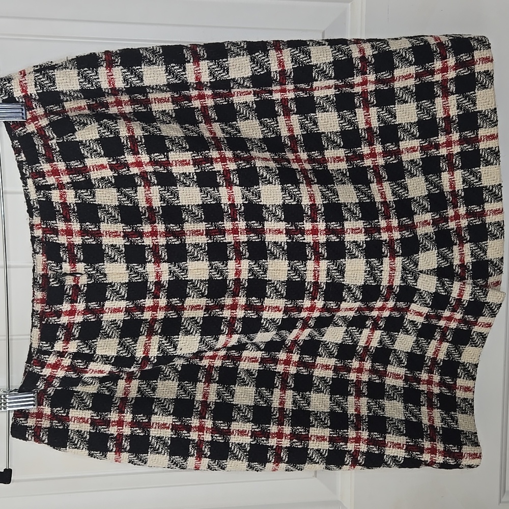 Vintage Ann Taylor Black Red Cream Plaid Wool Skirt 12 Preppy Gameday Academia - Picture 3 of 6